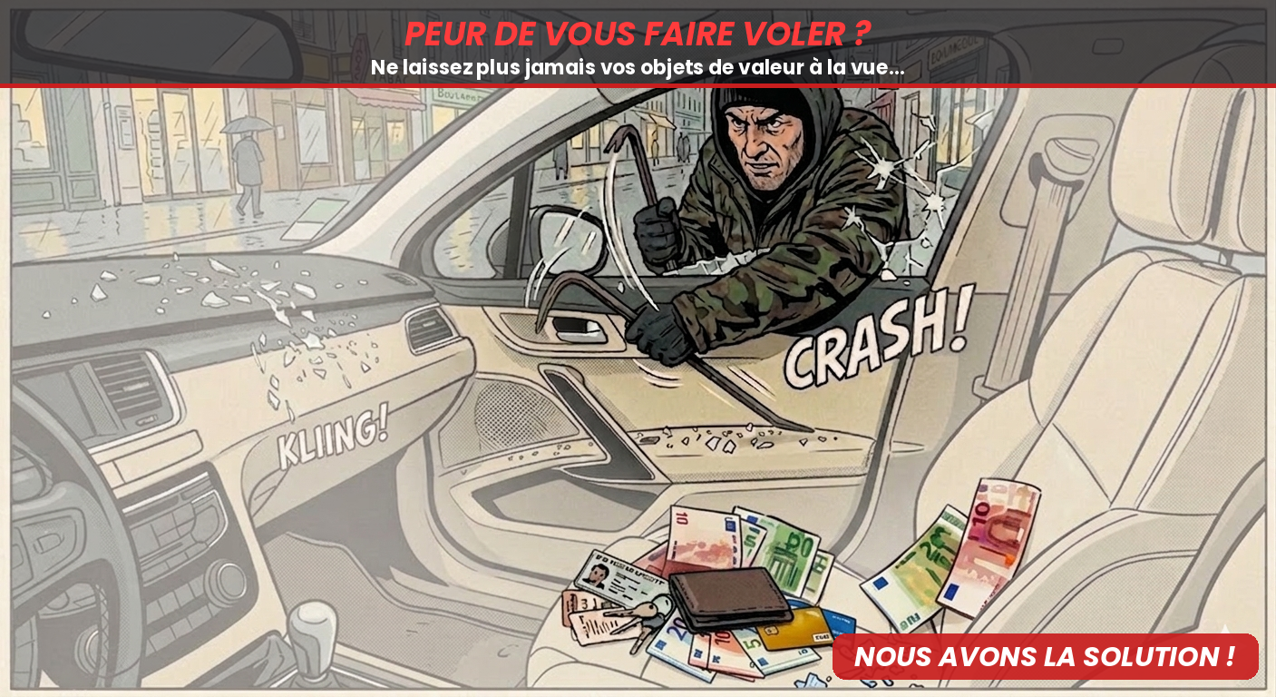 Illustration d'un vol à la roulotte dans une voiture - protégez vos objets de valeur avec le tapis cachette